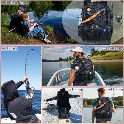 Fishing Backpack with Tackle Boxes and Rod Holder, Cooler, 30L Large Tackle Bag with Fishing Gear Lures Kit, Waterproof Bottom tackle Backpack Fish Set Gifts for Men Women-Camo Back Pack - color: Camo BackPack