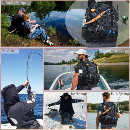 Fishing Backpack with Tackle Boxes and Rod Holder, Cooler, 30L Large Tackle Bag with Fishing Gear Lures Kit, Waterproof Bottom tackle Backpack Fish Set Gifts for Men Women-Camo Back Pack - color: Camo BackPack