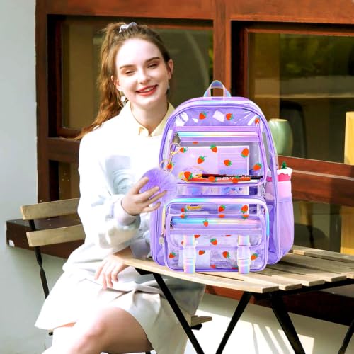 KLFVB Clear Bookbag Heavy Duty, 3PCS Girls See Through School Bag Set, Cute Transparent Backpack for Women - Strawberry Purple - color: Strawberry Purple Clear Backpack