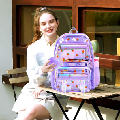 KLFVB Clear Bookbag Heavy Duty, 3PCS Girls See Through School Bag Set, Cute Transparent Backpack for Women - Strawberry Purple - color: Strawberry Purple Clear Backpack