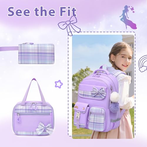 Alrisg Girls School Backpack Preppy Plaid Bookbag Lightweight Backpack for Girls Elementary Middle School Bow Purple Set - color: Purple, size: 17in Set