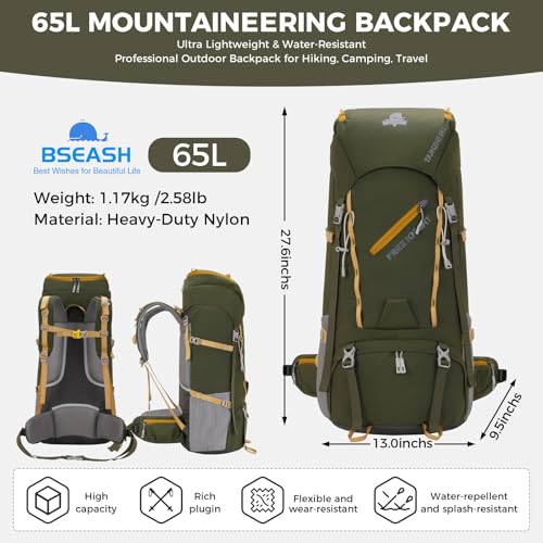 Bseash 65L Waterproof Hiking Camping Backpack with Rain Cover, Outdoor Sport Travel Daypack for Climbing Touring (Army Green) - color: Army Green