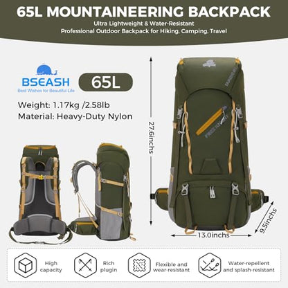 Bseash 65L Waterproof Hiking Camping Backpack with Rain Cover, Outdoor Sport Travel Daypack for Climbing Touring (Army Green) - color: Army Green