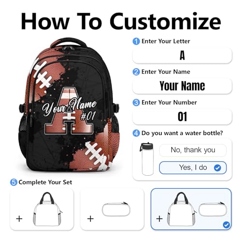 COZYAURA Boys Backpack Personalized Football School Bag for Kids - Custom Initial Sports Bookbag, 17 Inch Large Capacity Daypack for School, Travel, Football Lovers - color: Brown