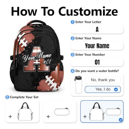 COZYAURA Boys Backpack Personalized Football School Bag for Kids - Custom Initial Sports Bookbag, 17 Inch Large Capacity Daypack for School, Travel, Football Lovers - color: Brown