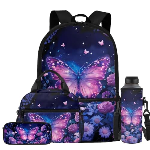 Floral Butterfly Backpack for Girls Back to School Backpack with Lunch Box Pencil Case and Water Bottle Holder 4 in 1 Lightweight 4th Grade Backpack for Girls Kids Bookbag School Supplies - color: Floral Butterfly