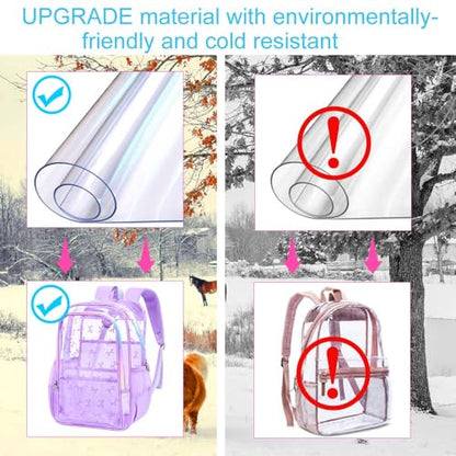 gxtvo 3PCS Clear School Backpack Heavy-Duty Set for Women & Teen Girls, 17" Purple Transparent Bookbag with Rainbow Strap, Elegant Bow See Through Bag - color: Purple Elegant Bow Clear Backpack Set