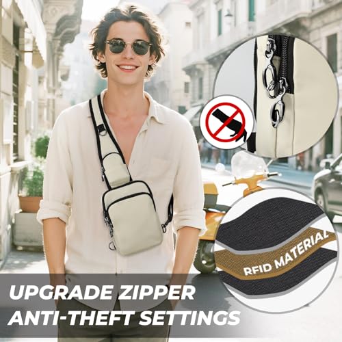 Anti-Theft Crossbody Sling Bag, RFID Blocking, Zipper Lock, Small - color: Beige