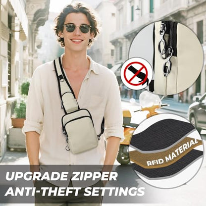 Anti-Theft Crossbody Sling Bag, RFID Blocking, Zipper Lock, Small - color: Beige