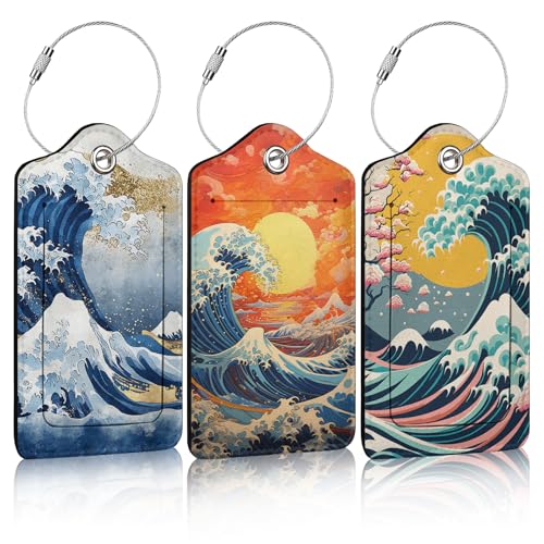 3 Pack Japanese Ocean Wave Luggage Tags for Suitcase Great Waves PU Leather Travel Luggage Tag Privacy Cover ID Label for Women Men Baggage Backpack Handbag School Bag - color: Japanese Ocean Wave