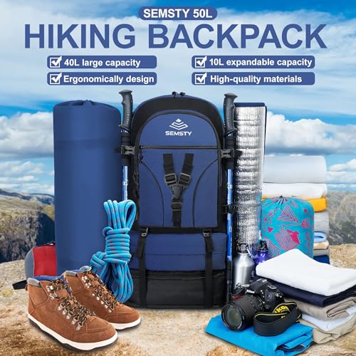 40L/50L Expandable Hiking Backpack for Men and Women, Travel Camping Backpack Flight Approved - color: 40l+10l Blue