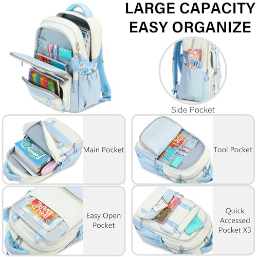 School Backpack for Girls, Laptop Backpack 15.6 Inch Kids Elementary Middle High School Bag Anti Theft Cute College Bookbags for Teens Girls Women Students Casual Travel Daypack,Blue Beige - color: Blue Beige