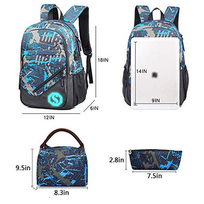 School Backpack for Boys, 14 Inch Laptop Backpack with USB Charging Port, Anti-theft Lock, Lunch Bag & Pencil Case, Lightweight Water Resistant Bookbag Daypack - style: Boy-blue