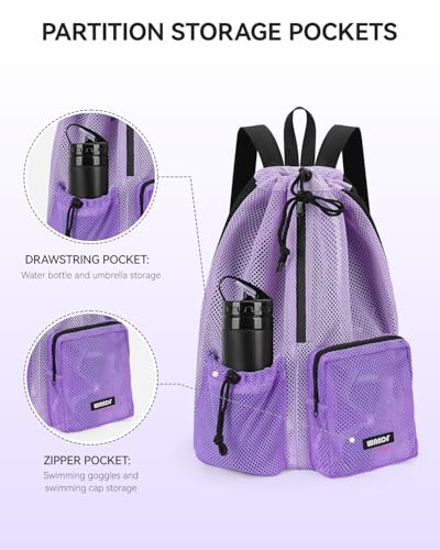 WANDF Swim Bag for Swimmers, Mesh Beach Backpack - color: Light Purple With 2 Front Pockets, size: Large