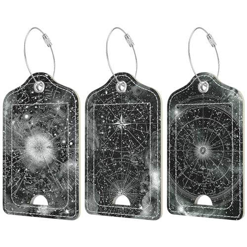 Rimilak 3 Pcs PU Leather Luggage Tags for Suitcase, Travel Cruise Luggage Tag with Privacy Flap, Name ID Label and Metal Loop for Women Men Baggage Handbag School Bag Backpack, Star Chart - color: Star Chart
