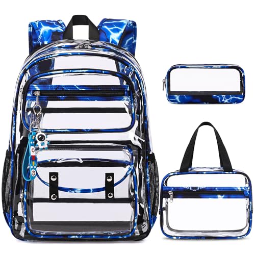 ACESAK Clear Backpack for Boys Girls - 3 Pcs Clear Heavy Duty with Lunch Bag - See Through Backpack Stadium Approved - color: Lightning