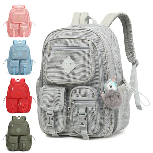 Mesh Backpack for Girls Boys, Heavy Duty Semi-Transparent Mesh Bookbag Womens Mens for School, Sports, Beach, Swimming, Travel - Light Grey - color: Light Grey