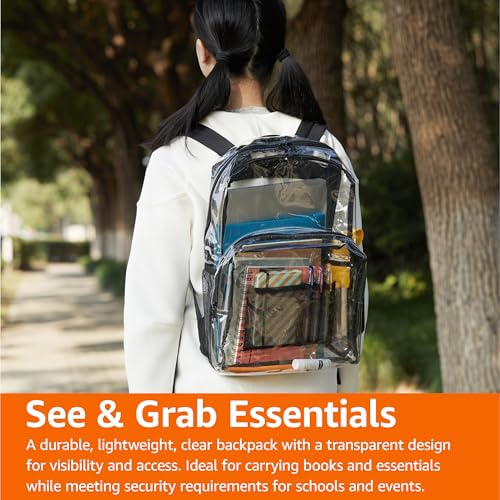 Amazon Basics Transparent Clear School Backpack, Water-Resistant PVC Plastic, Reinforced Shoulder Straps, 17 x 7 x 13 in - color: Clear, size: 1-Pack