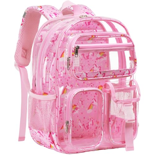Vorspack Clear Backpack for Girls, 15 Inch Heavy Duty Transparent School Bookbag with Reflective Strip, Cute See Through Kids Unicorn Backpack for Ages 4-8, Pink - color: Pink, size: Kids-15''H