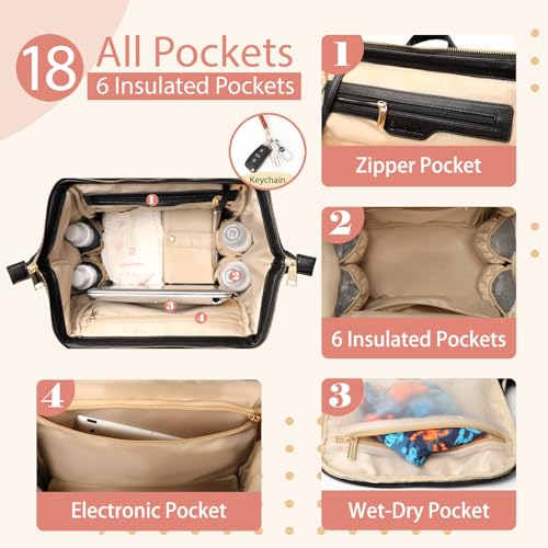 Omanmoli Diaper Bag Backpack Leather Large Baby Diaper Bag Essentials With 18 Organizing Pockets,6 Insulated Pockets,USB Charging Port,Stroller Straps,Changing Pad (Black) - color: Black