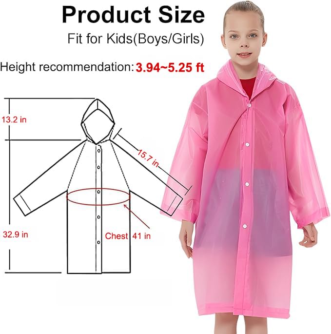 Rain Ponchos Raincoats for Kids, Reusable Boys Girls Rain Jackets Emergency with Hood for Family Disney Travel Outdoor - color: B-rose Red