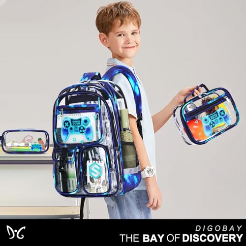 DIGOBAY 3PCS Cool Luminous Clear Backpack for Boys Kids, Gamer Clear Bookbag for School, See Through PVC Transparent Backpacks with Lunch Bag Pencil Case, Backpack Heavy Duty for School Stadium - color: Blue Galaxy