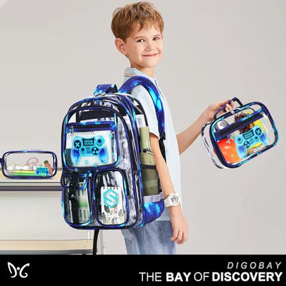 DIGOBAY 3PCS Cool Luminous Clear Backpack for Boys Kids, Gamer Clear Bookbag for School, See Through PVC Transparent Backpacks with Lunch Bag Pencil Case, Backpack Heavy Duty for School Stadium - color: Blue Galaxy