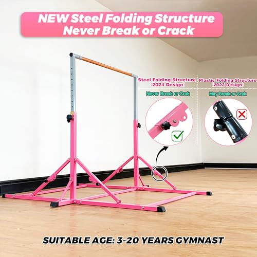 Marfula Gymnastic Bar For Kid and Teenage of 3-25, 5Ft/8 FT Base Length 4Ft Width 5Ft Adjust Height, Gymnastic Kip Bar For Gymnast, Gymnastic Training Equipment For Professional Training Home Club Use - color: Bar With Mat-Hot Pink(5 Ft Base)