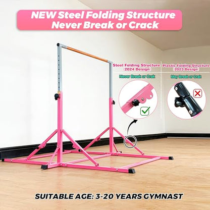 Marfula Gymnastic Bar For Kid and Teenage of 3-25, 5Ft/8 FT Base Length 4Ft Width 5Ft Adjust Height, Gymnastic Kip Bar For Gymnast, Gymnastic Training Equipment For Professional Training Home Club Use - color: Bar With Mat-Hot Pink(5 Ft Base)