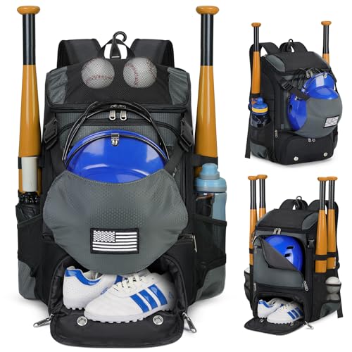 RAINSMORE Baseball Backpack, Lightweight Softball Bag with Shoe Compartment Baseball Bag for Youth & Adult Softball Bat Bag with Fence Hook Helmet Holder Sports Backpack for T-Ball - color: Grey
