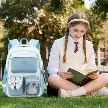 School Backpack for Girls 3PCS Nylon Kids Backpack Set with Lunch Box & Pencil Pouch, Cute Lightweight Teen Girls School Bag Laptop Bag Travel Daypack for Elementary Middle High School Beige Blue - color: Blue