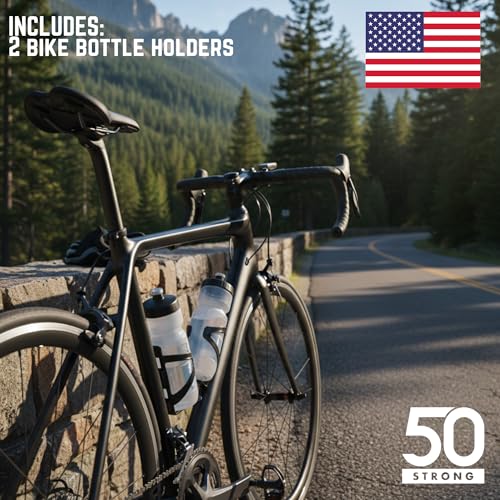 Bike Water Bottle Holder & Bottle Combo – 2-Pack 22 oz Sports Squeeze Bottles with Pull Top Cap & Easy-Install Bike Cage – Made in USA – 50 Strong Brand - color: Black Cage 2-Pack