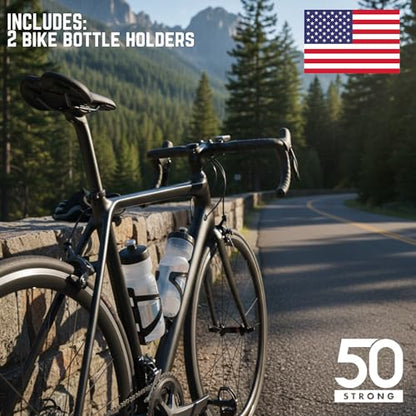 Bike Water Bottle Holder & Bottle Combo – 2-Pack 22 oz Sports Squeeze Bottles with Pull Top Cap & Easy-Install Bike Cage – Made in USA – 50 Strong Brand - color: Black Cage 2-Pack