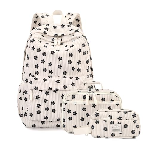 Tanweibago Backpack for Girls Boy Teen Corduroy Bookbags Elementary Middle High School Women Laptop Bag with Lunch Box Pencil Bag (Flower Black) - color: Flower Black