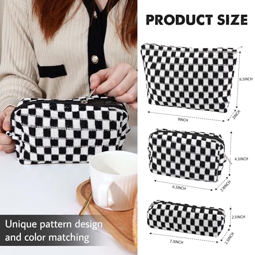 3 Pcs Makeup Bag Cosmetic Bag Set for Girls Women Checkered Travel Organizer Bathroom Toiletry Pouch Large Capacity Storage Bag (Black-White) - color: Black-White