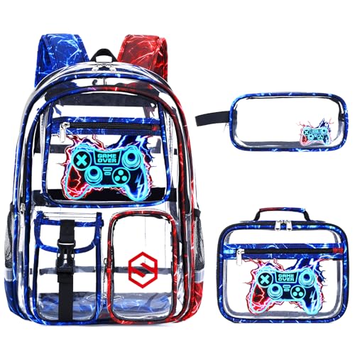DIGOBAY 3PCS Cool Luminous Clear Backpack for Boys Kids, Gamer Clear Bookbag for School, See Through PVC Transparent Backpacks with Lunch Bag Pencil Case, Backpack Heavy Duty for School Stadium - color: Red-blue Lightning