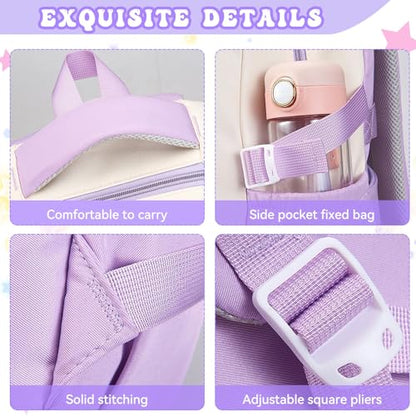 Backpack for Girls,Preppy Bookbag for Elementary & Middle School Students,Cute School Bag with Large Capacity,18 Inch,Purple - color: Purple White