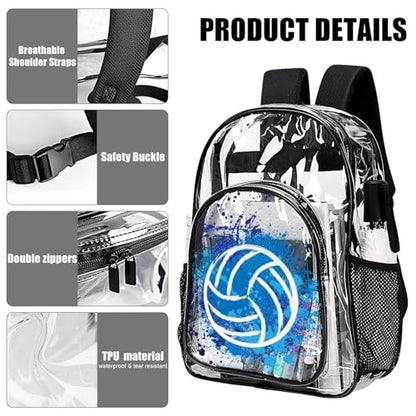 Volleyball Clear Backpack Heavy Duty for Girls Kids Boys Women | Large Cool PVC Volleyball Theme Printing Transparent Backpacks for Schools Stadium Concerts Work - Clear/Black - color: Volleyball Clear Backpack 2 Black With Front Pocket