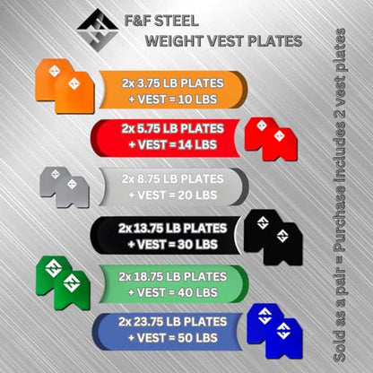 F&F STEEL Adjustable Weighted Vest & Plates - Strength, Edurance, Running, Hiking, Rucking, Fitness WODs - color: Orange Plates - 3.75lb