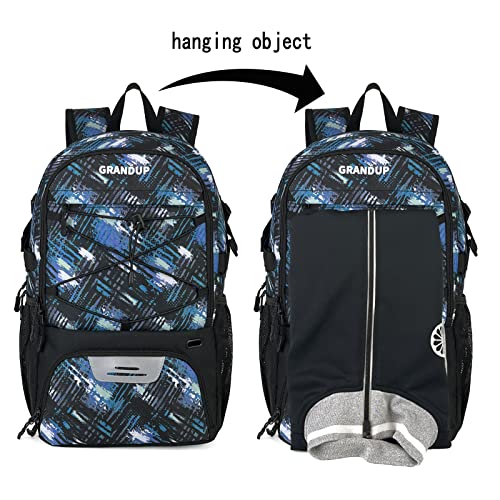 GRANDUP Basketball backpack with ball and shoes compartment Fit Volleyball, soccer, Swim, Gym, Travel, and School, large capacity sports training equipment bags - color: blue art