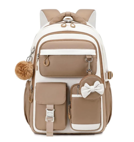 MUSEVOS Kids Teenage Girls Backpack, Elementary/Middle/High Schoolbag, Multi-Compartment Water-resistant Cute Bookbag, 17inch - color: Khaki-white