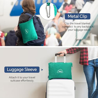 BEDELITE Travel Blanket with Bag, Ultra-Soft Jacquard Fleece Blanket with Luggage Sleeve & Backpack Clip, Airplane Blanket Travel Essentials, Teal - color: Teal