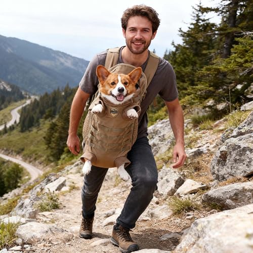 FLAdorepet Dog Carrier Tactical Backpack for Medium Large Dogs,Soft Hands-Free Legs Out Pet Front Cat Dog Carrier Backpack Travel Bag for Outdoor Traveling Hiking Camping (Medium, Khaki) - size: 21.7"L x 7.5"W x 13.0"H
