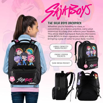 AI ACCESSORY INNOVATIONS K-Pop Demon Hunters Chibi Saja Boys 16” Backpack for Girls, Featuring Jinu, Abby, Mystery, Romance, & Baby, Saja Rubber Molded Bag Charm, Saja Boys - style: Saja Boys