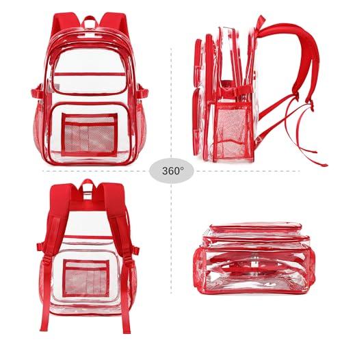 abshoo Large Heavy Duty Clear Backpack For School Bookbag Transparent Multi Pocket Backpacks (Red) - color: Red