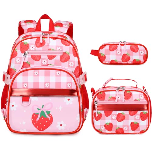 Toddler Backpack for Girls Ages 5-8, 3PCS Girls Backpack with Lunch Bag & Pencil Case - 15inch Kids School Bookbag for Preschool Kindergarten Elementary School (Strawberry) - color: Strawberry