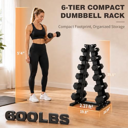 LIONSCOOL 5/6 Tier A-Frame Dumbbell Rack Stand Only, Heavy Duty Steel Weight Rack for Home Gym, Space-Saving Dumbbell Stand (200/300/600LBS Capacity) - size: 6 Tier 5-60LB