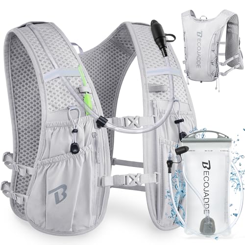 BECOJADDE Running Vest Hydration Backpack for Men Women, 5L Lightweight Running Backpack Hydration Pack for Marathon, Trail, Cycling, Hiking, Jogging - color: Gray, size: 5l Running Vest With One 1.5l Water Bag