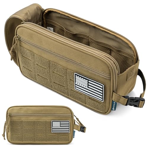 PAVILIA Tactical Toiletry Bag for Men, Water Resistant Molle Military Dopp Kit, Travel Hygiene Organizer with Wet Dry Storage for Shaving, Grooming, Gym and Camping, Tan - color: Tan, size: Large