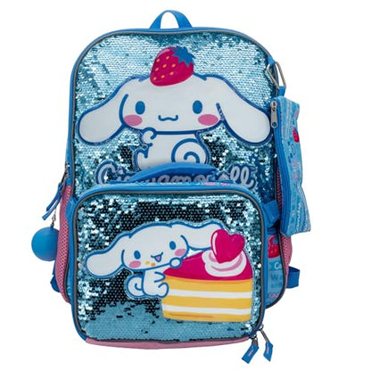 AI ACCESSORY INNOVATIONS Sanrio’s Cinnamoroll 5 Piece Backpack Set, Hello Kitty Kawaii Flip Sequin Girls School Bag with Front Zip Pocket, 2 Side Mesh Pockets, Blue - color: Kawaii